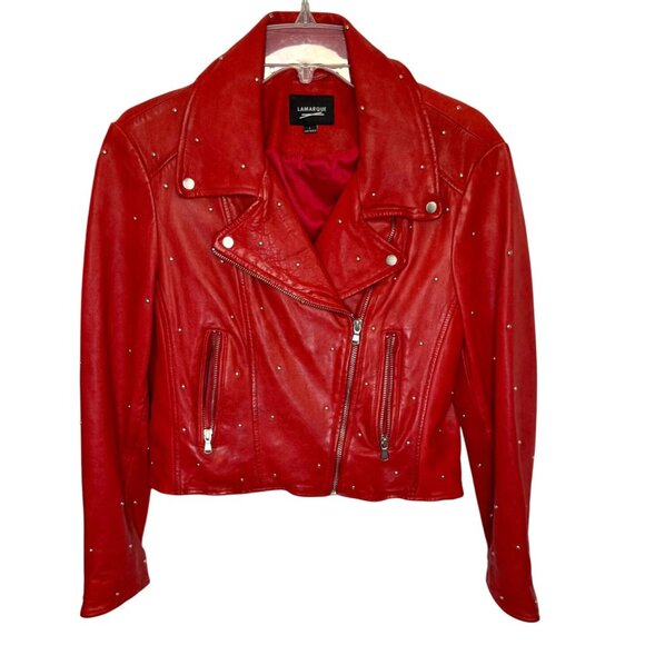LAMARQUE Red Studded Leather Moto Jacket - Size L - Picture 1 of 6
